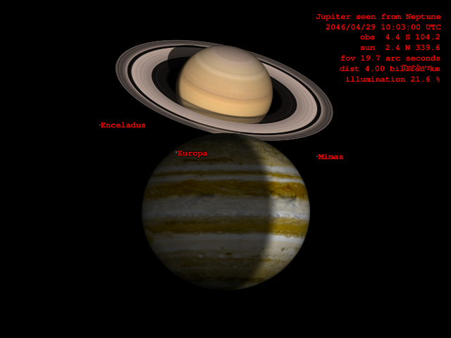 Jupiter and Saturn seen from Neptune on April 29, 2046